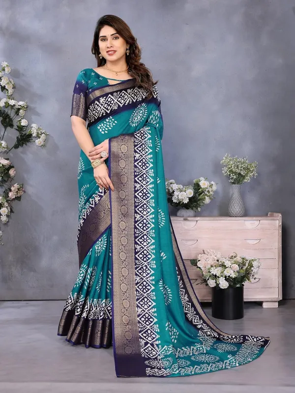 Teal_Blue_Cotton_Blend_Dola_Silk_Saree_For_Women