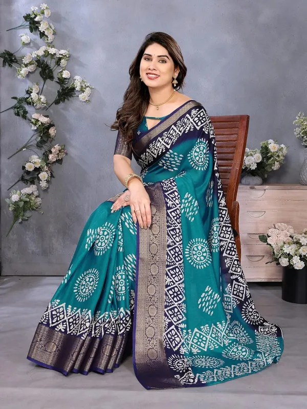 Teal_Blue_Cotton_Blend_Dola_Silk_Saree_For_Women