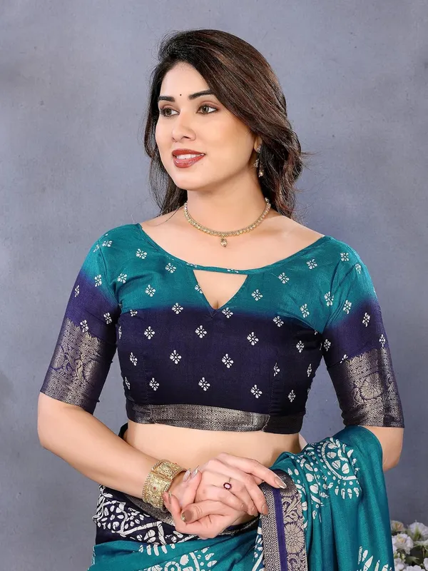 Teal_Blue_Cotton_Blend_Dola_Silk_Saree_For_Women