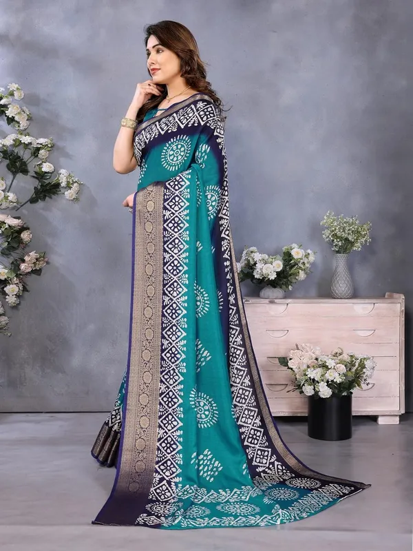 Teal_Blue_Cotton_Blend_Dola_Silk_Saree_For_Women