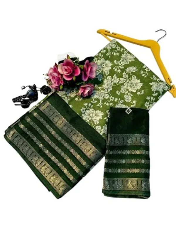 Leaf_Green_Cotton_Blend_Printed_Dola_Silk_Saree_For_Women