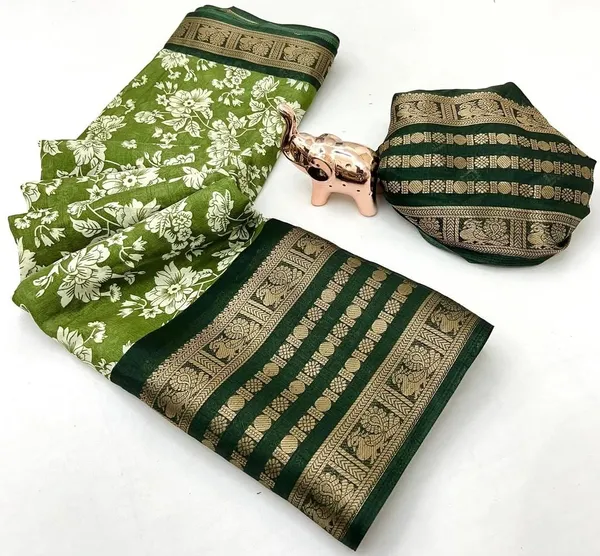 Leaf_Green_Cotton_Blend_Printed_Dola_Silk_Saree_For_Women