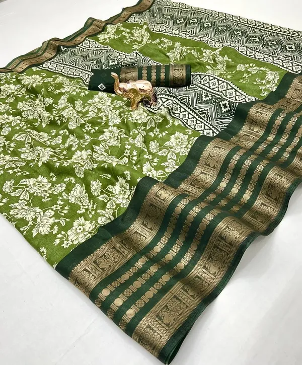 Leaf_Green_Cotton_Blend_Printed_Dola_Silk_Saree_For_Women