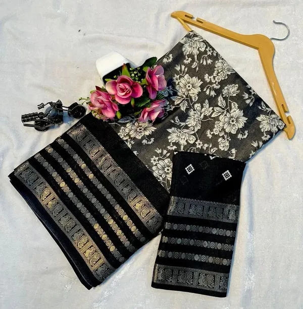 Dark_Grey_Cotton_Blend_Printed_Dola_Silk_Saree_For_Women