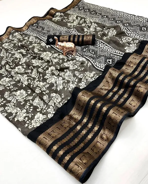 Dark_Grey_Cotton_Blend_Printed_Dola_Silk_Saree_For_Women