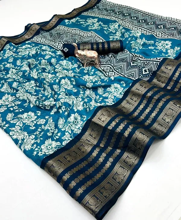 Sky_Blue_Cotton_Blend_Printed_Dola_Silk_Saree_For_Women