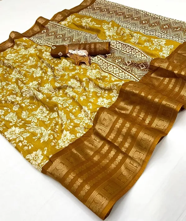 Mustard_Yellow_Cotton_Blend_Printed_Dola_Silk_Saree_For_Women