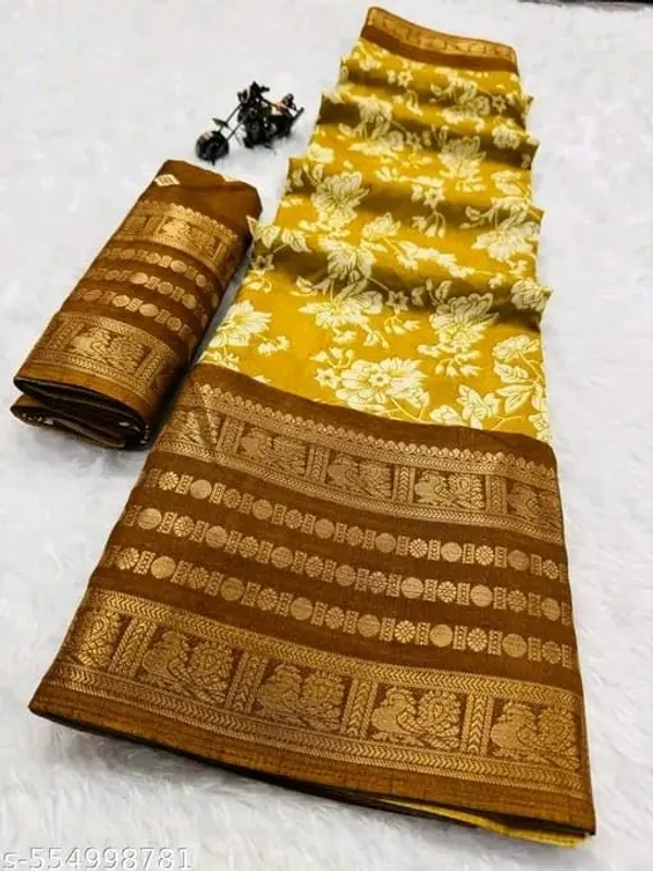 Mustard_Yellow_Cotton_Blend_Printed_Dola_Silk_Saree_For_Women