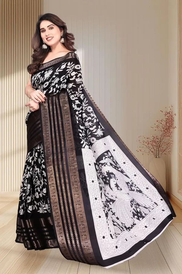 Black_And_White_Silk_Printed_Dola_Silk_Saree_For_Women