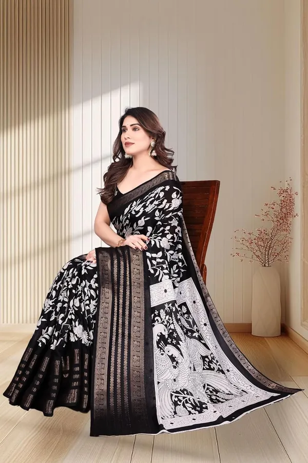 Black_And_White_Silk_Printed_Dola_Silk_Saree_For_Women