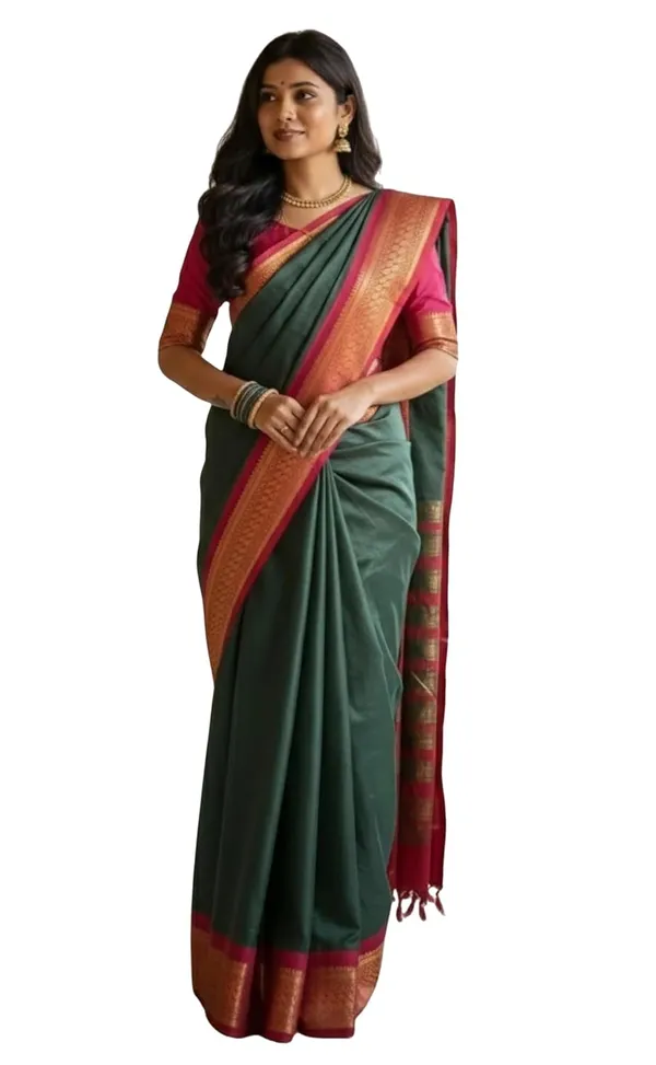 Dark_Green_Cotton_Blend_Printed_Dola_Silk_Saree_For_Women