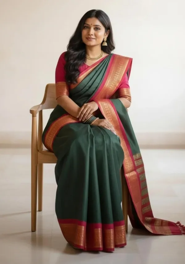 Dark_Green_Cotton_Blend_Printed_Dola_Silk_Saree_For_Women