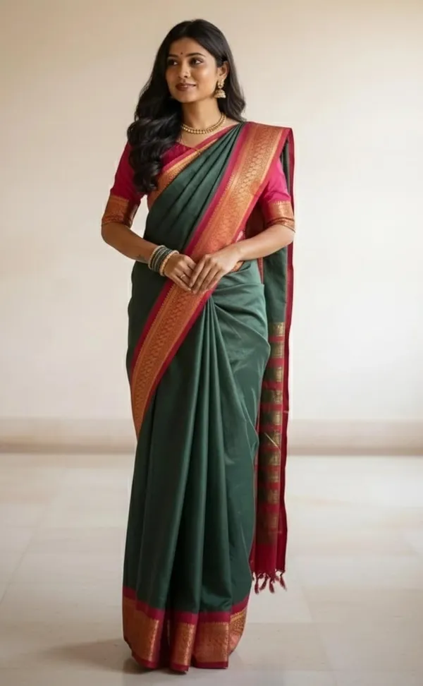 Dark_Green_Cotton_Blend_Printed_Dola_Silk_Saree_For_Women