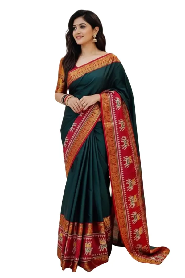 Bottle_Green_Cotton_Blend_Kanjivaram_Silk_Saree_For_Women