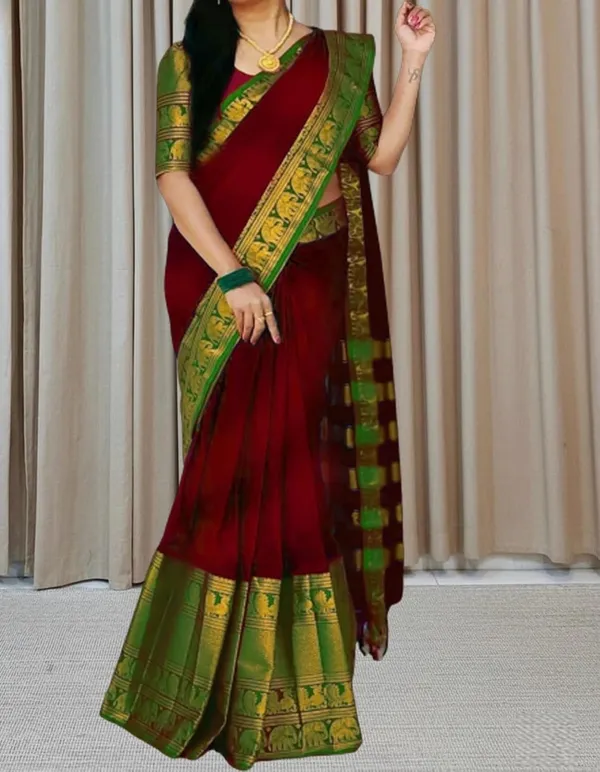 Maroon_Green_Cotton_Blend_Kanjivaram_Cotton_Silk_Saree_For_Women