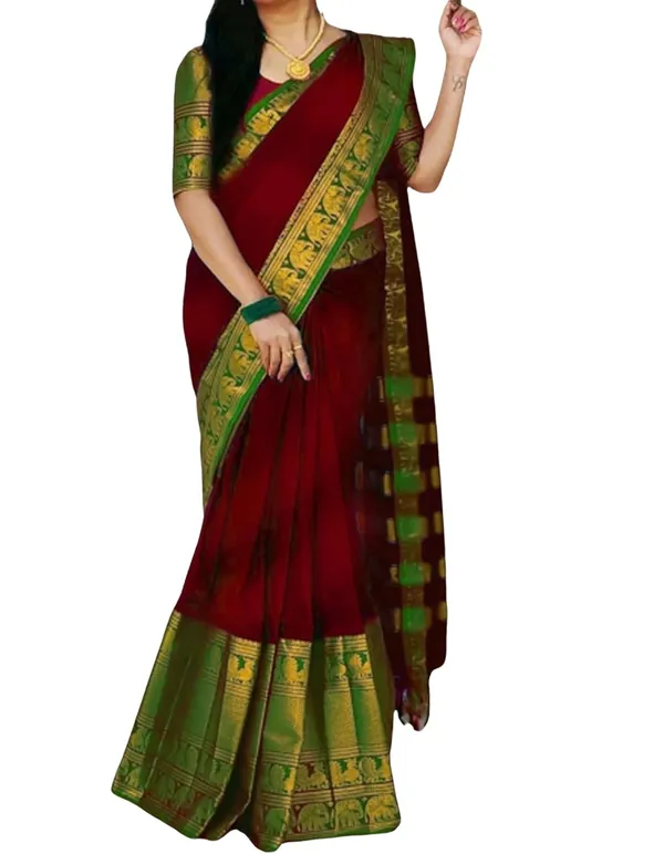 Maroon_Green_Cotton_Blend_Kanjivaram_Cotton_Silk_Saree_For_Women