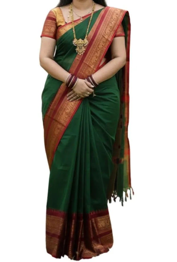Dark_Green_Cotton_Blend_Narayanpet_Cotton_Silk_Saree_For_Women