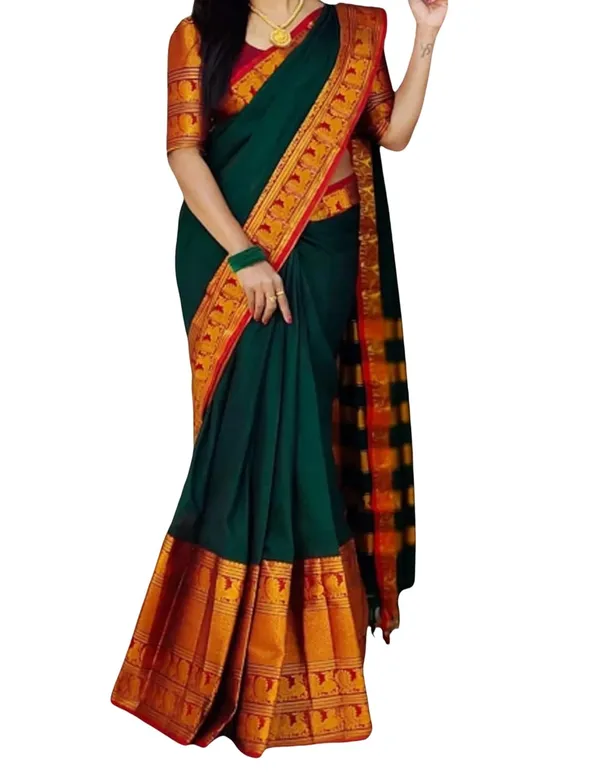 Dark_Green_Cotton_Blend_Narayanpet_Cotton_Silk_Saree_For_Women
