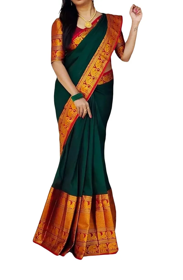Dark_Green_Cotton_Blend_Kanjivaram_Silk_Saree_For_Women