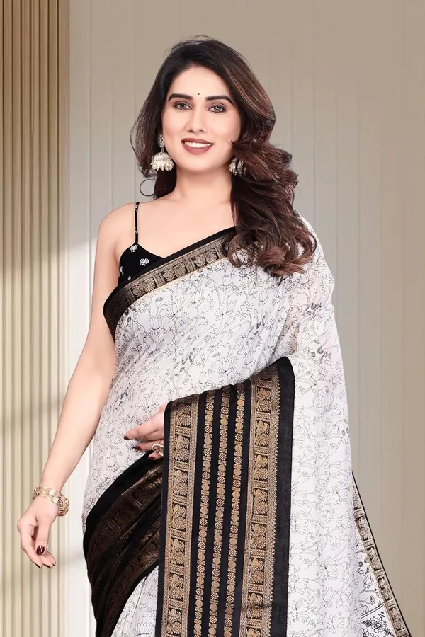 White_Cotton_Blend_Printed_Dola_Silk_Saree_For_Women