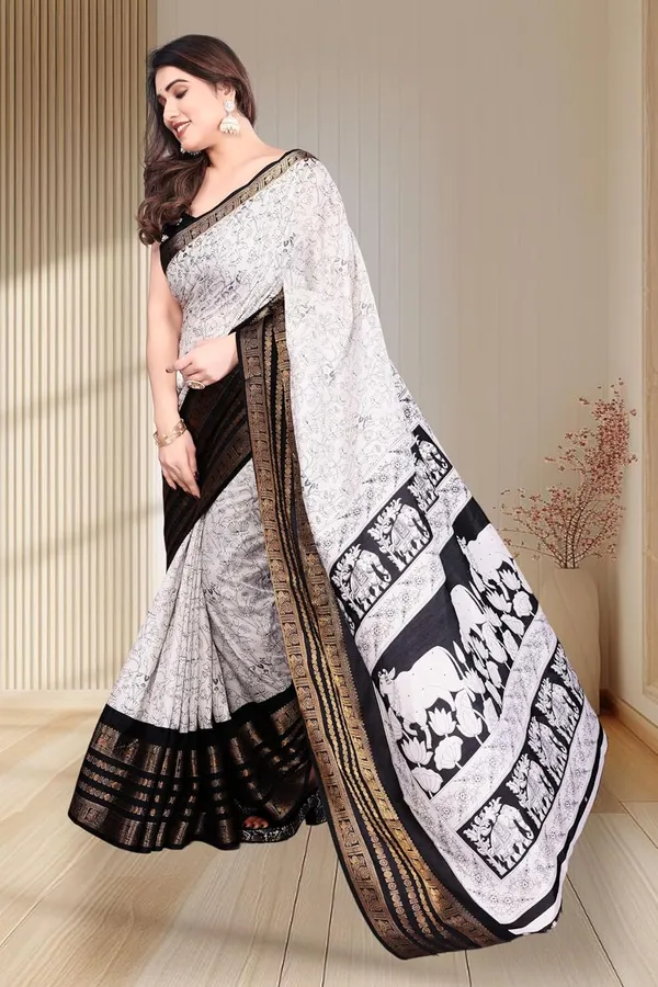 White_Cotton_Blend_Printed_Dola_Silk_Saree_For_Women