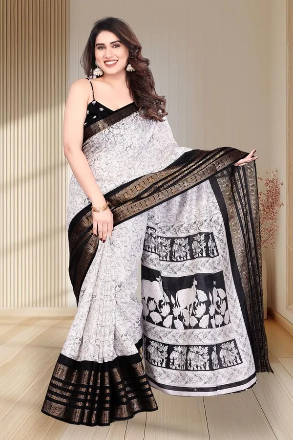 White_Cotton_Blend_Printed_Dola_Silk_Saree_For_Women