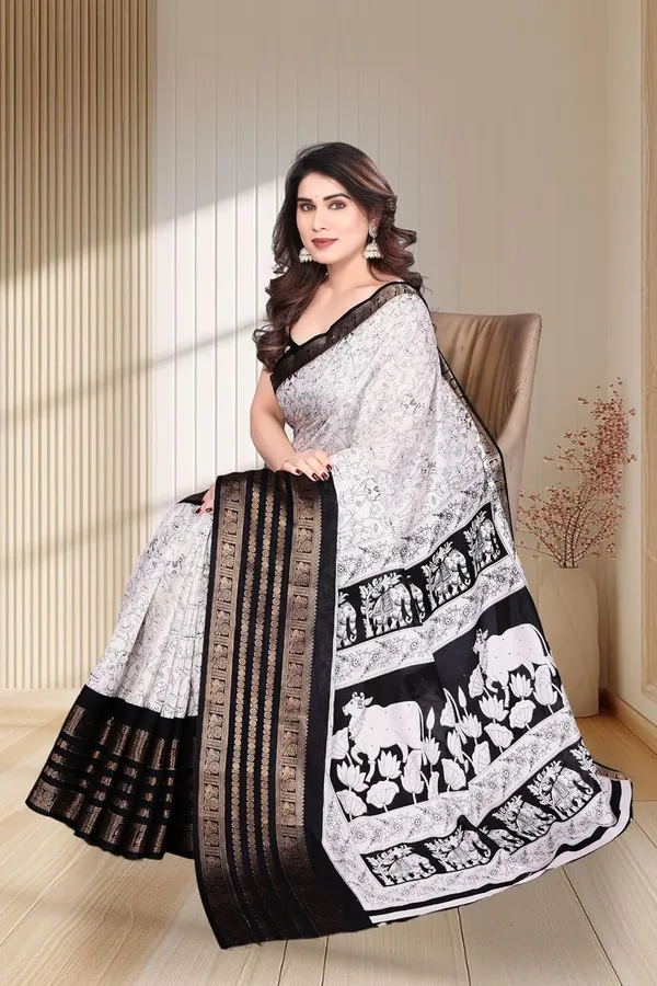 White_Cotton_Blend_Printed_Dola_Silk_Saree_For_Women