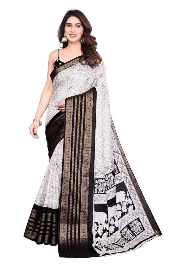 White_Cotton_Blend_Printed_Dola_Silk_Saree_For_Women
