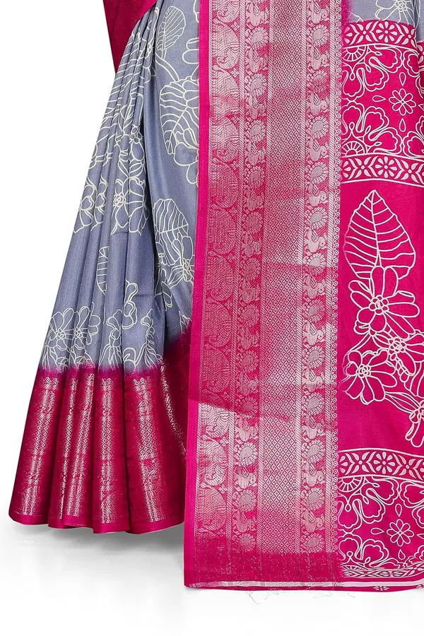 Grey_And_Pink_Dola_Silk_Kalamkari_Print_Saree_For_Women