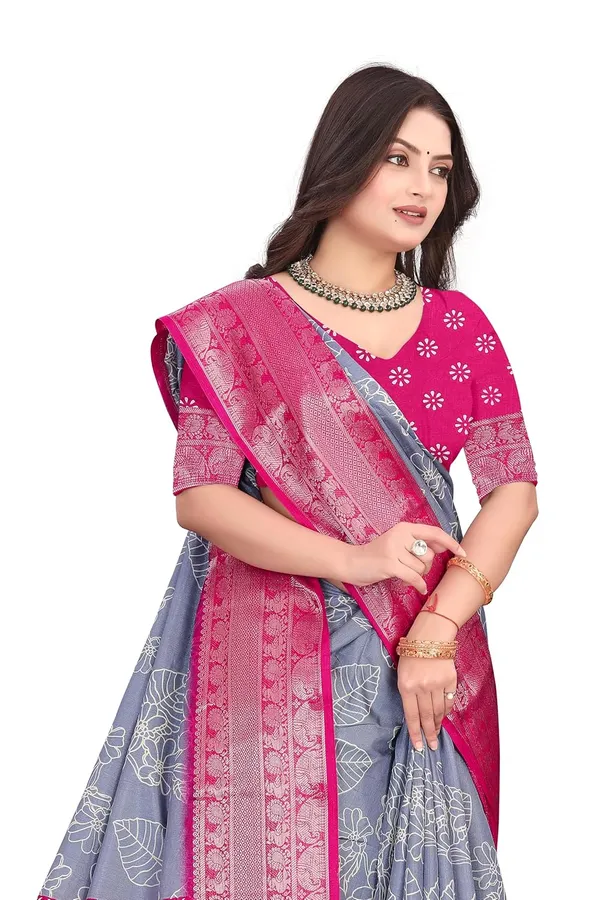 Grey_And_Pink_Dola_Silk_Kalamkari_Print_Saree_For_Women