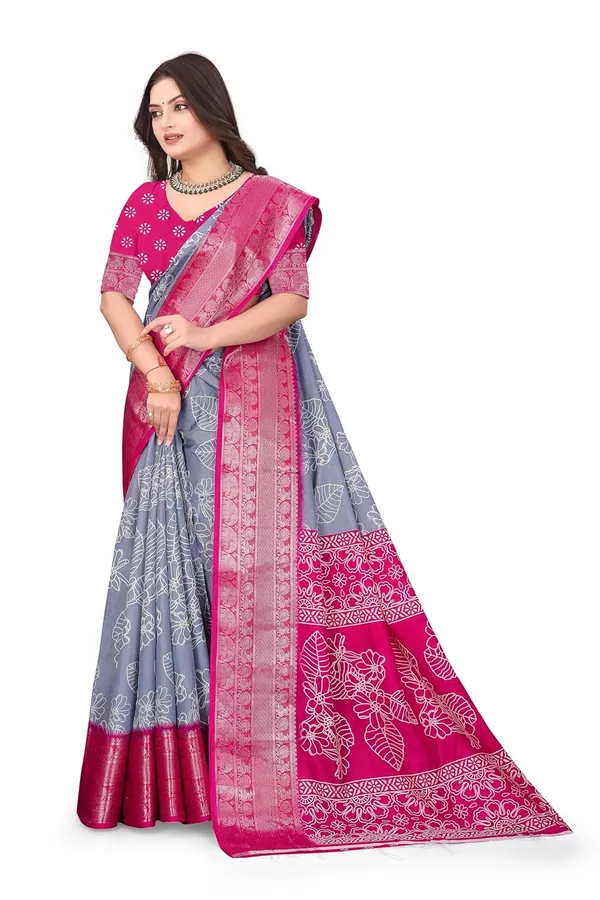 Grey_And_Pink_Dola_Silk_Kalamkari_Print_Saree_For_Women