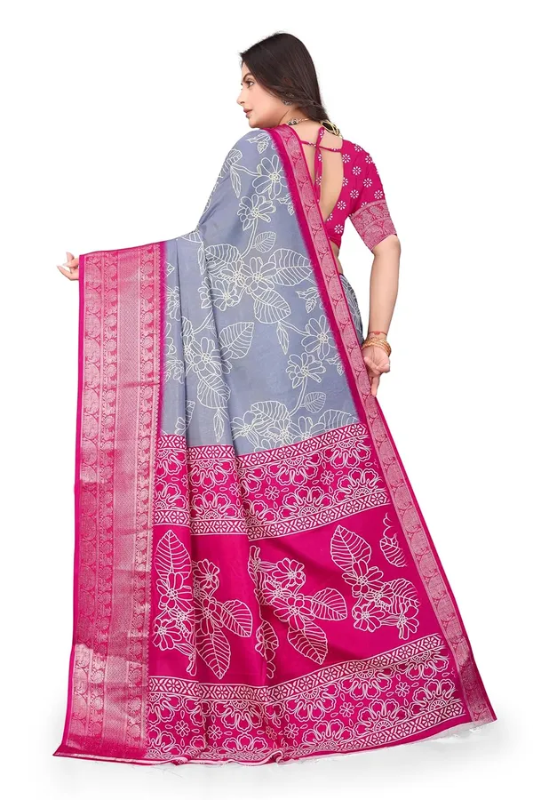 Grey_And_Pink_Dola_Silk_Kalamkari_Print_Saree_For_Women