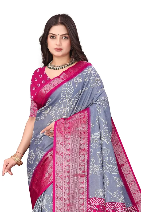 Grey_And_Pink_Dola_Silk_Kalamkari_Print_Saree_For_Women