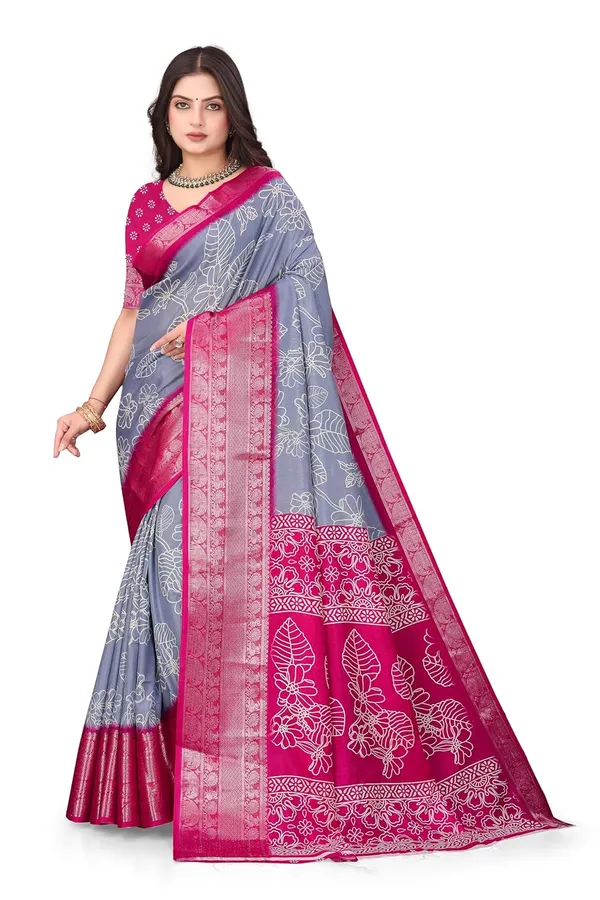 Grey_And_Pink_Dola_Silk_Kalamkari_Print_Saree_For_Women