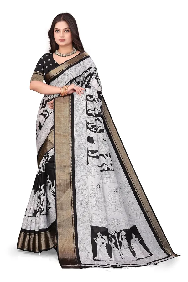 Grey_And_Black_Haathi_Dola_Silk_Kalamkari_Print_Saree_For_Women