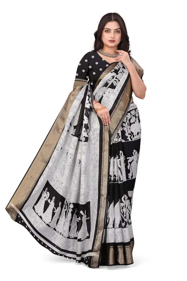 Grey_And_Black_Haathi_Dola_Silk_Kalamkari_Print_Saree_For_Women