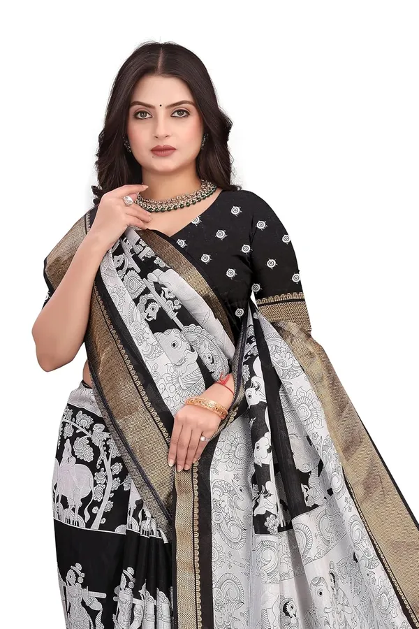 Grey_And_Black_Haathi_Dola_Silk_Kalamkari_Print_Saree_For_Women