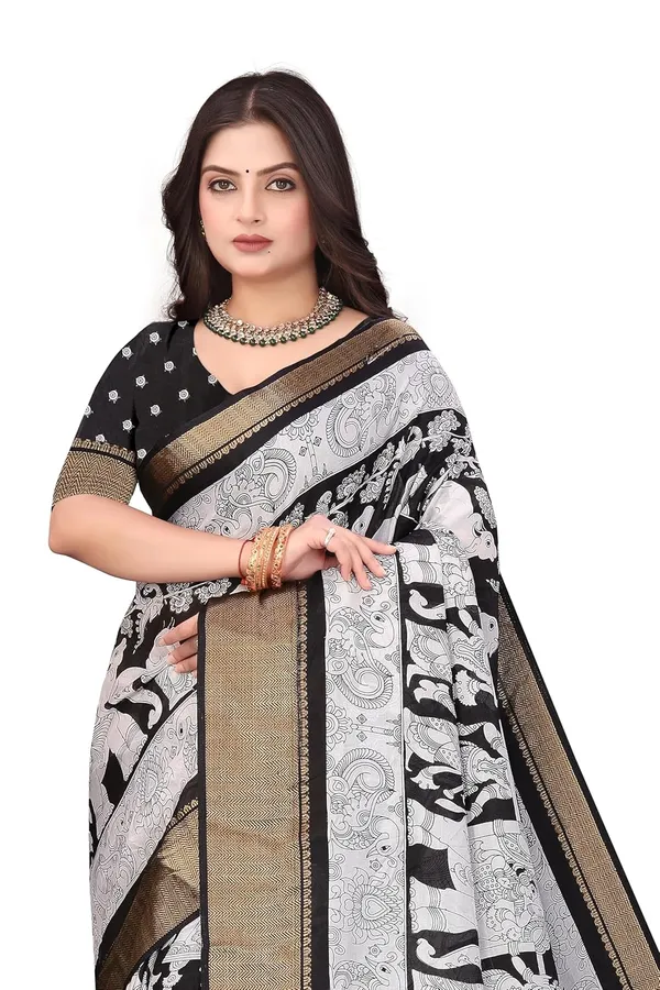 Grey_And_Black_Haathi_Dola_Silk_Kalamkari_Print_Saree_For_Women