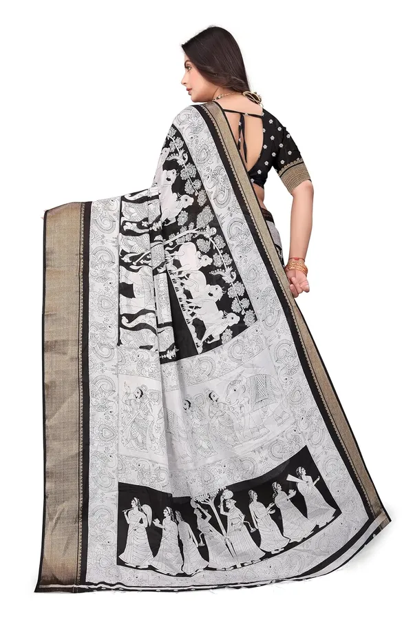 Grey_And_Black_Haathi_Dola_Silk_Kalamkari_Print_Saree_For_Women