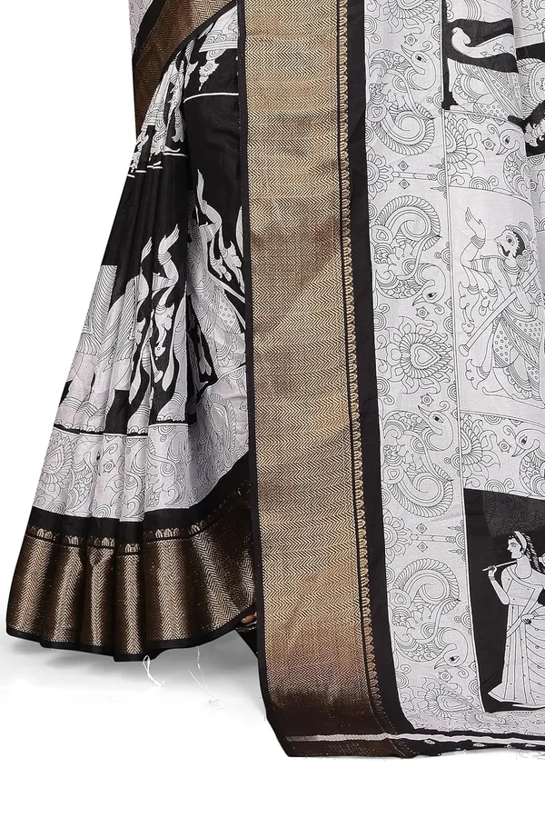 Grey_And_Black_Haathi_Dola_Silk_Kalamkari_Print_Saree_For_Women