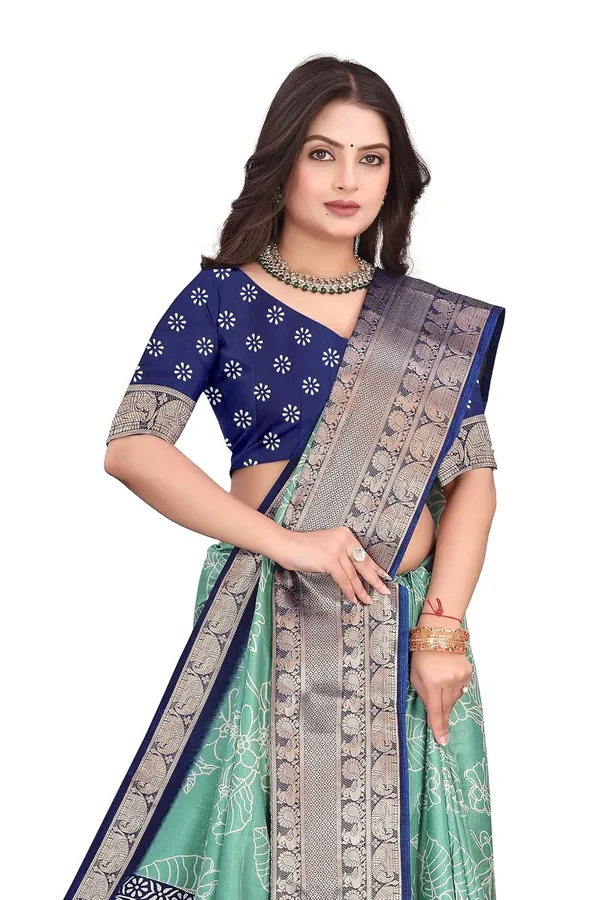 Navy_Blue_And_Mint_Green_Dola_Silk_Kalamkari_Print_Saree_For_Women