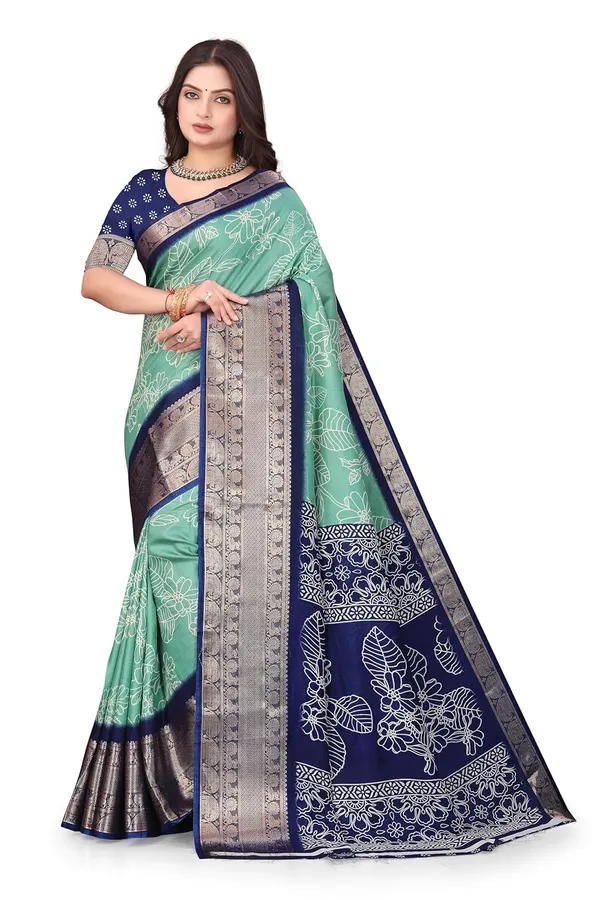 Navy_Blue_And_Mint_Green_Dola_Silk_Kalamkari_Print_Saree_For_Women