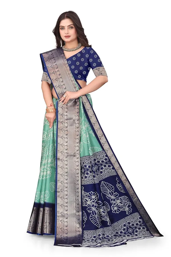 Navy_Blue_And_Mint_Green_Dola_Silk_Kalamkari_Print_Saree_For_Women