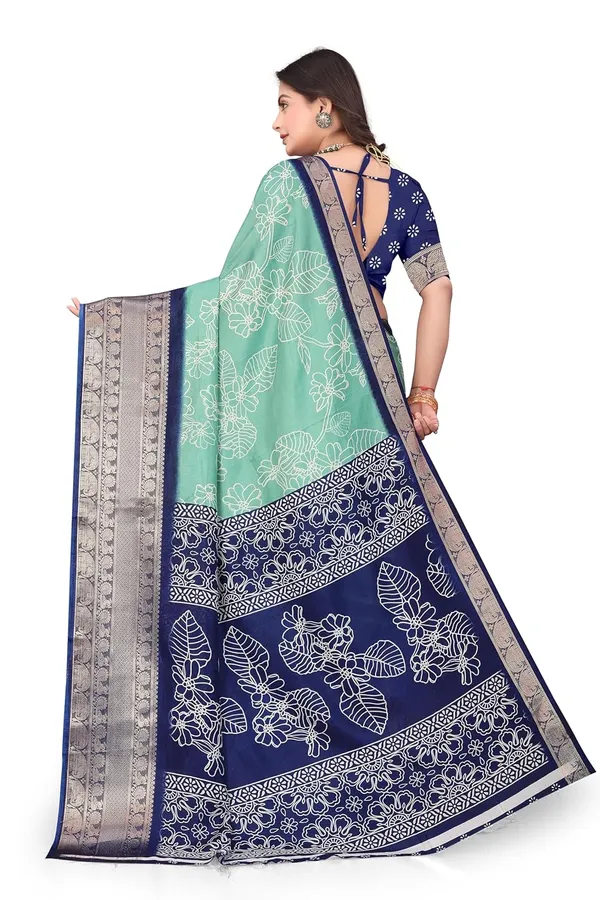 Navy_Blue_And_Mint_Green_Dola_Silk_Kalamkari_Print_Saree_For_Women