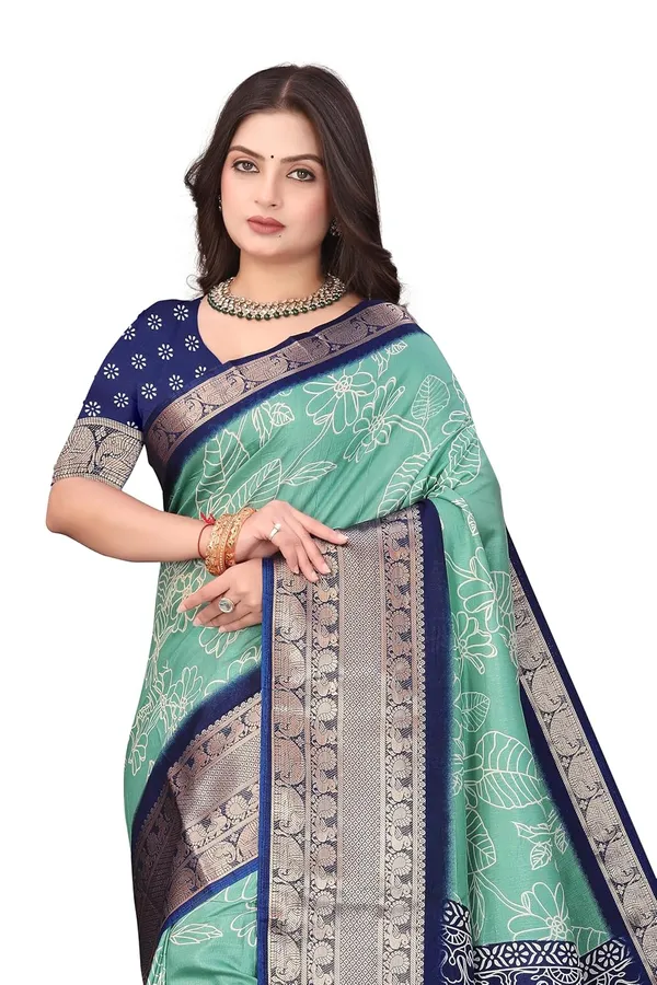 Navy_Blue_And_Mint_Green_Dola_Silk_Kalamkari_Print_Saree_For_Women