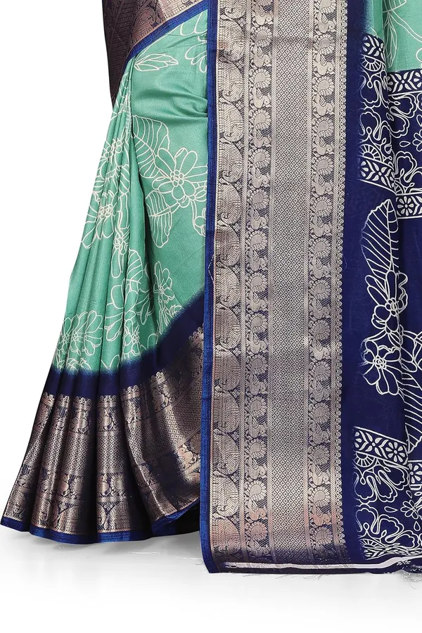 Navy_Blue_And_Mint_Green_Dola_Silk_Kalamkari_Print_Saree_For_Women