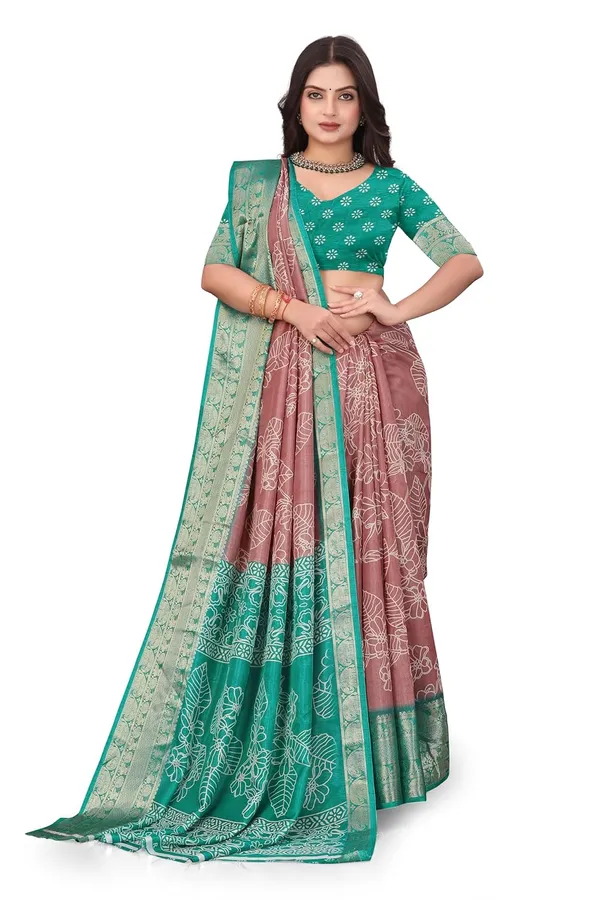 Teal_Green_And_Light_Pink_Dola_Silk_Kalamkari_Print_Saree_For_Women
