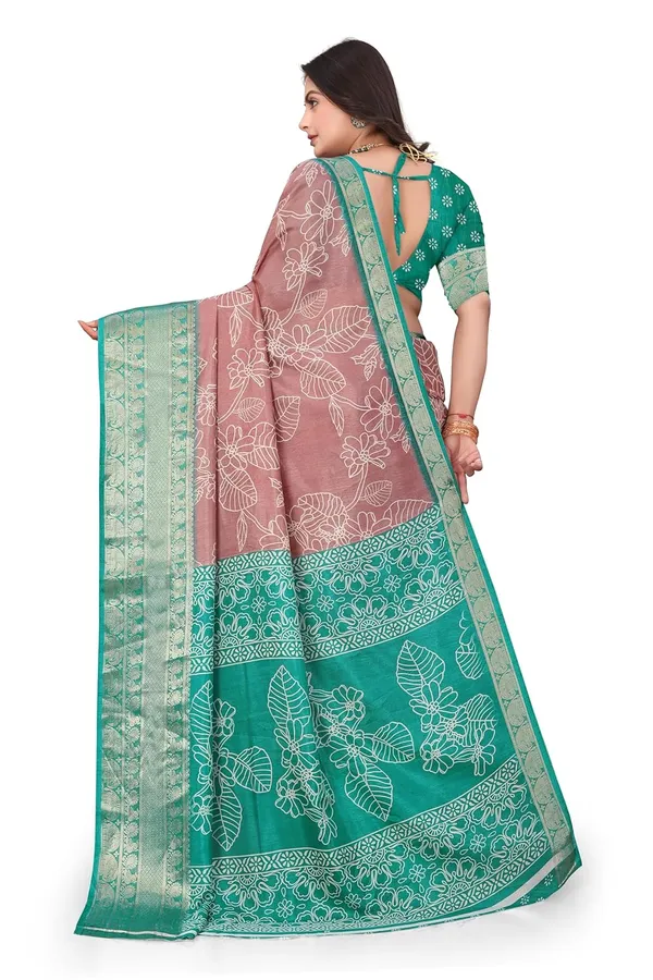 Teal_Green_And_Light_Pink_Dola_Silk_Kalamkari_Print_Saree_For_Women