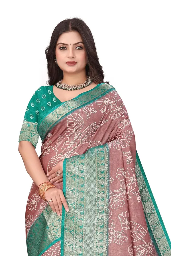 Teal_Green_And_Light_Pink_Dola_Silk_Kalamkari_Print_Saree_For_Women