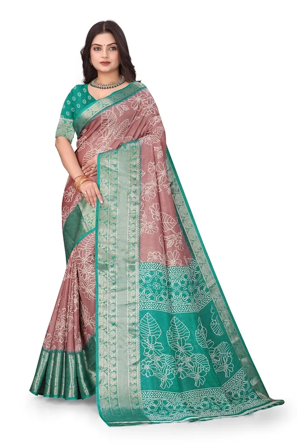 Teal_Green_And_Light_Pink_Dola_Silk_Kalamkari_Print_Saree_For_Women